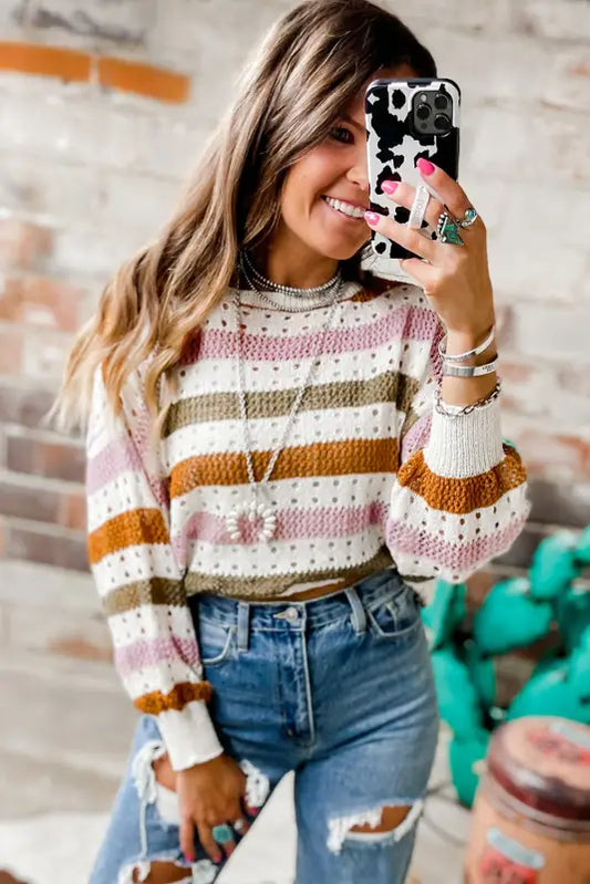 Knitted loose sweater - striped hollowed - sweaters