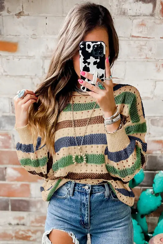 Knitted loose sweater - striped hollowed - sweaters