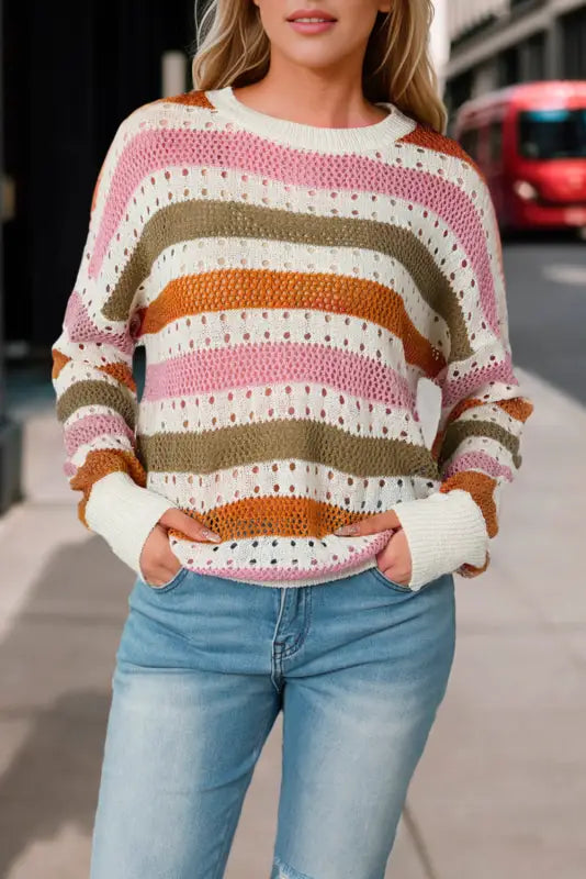 Knitted loose sweater - striped hollowed - sweaters