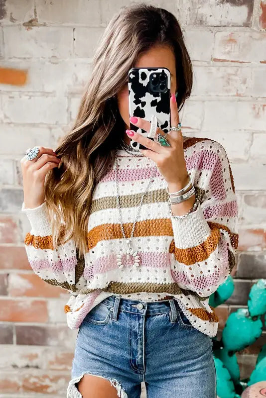 Knitted loose sweater - striped hollowed - sweaters