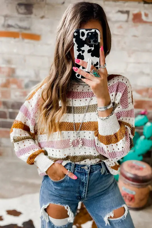 Knitted loose sweater - striped hollowed - sweaters