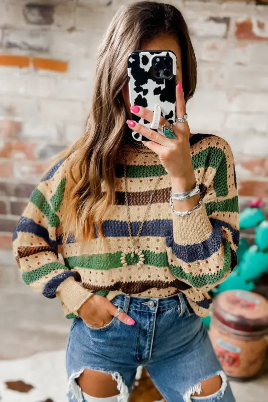 Knitted loose sweater - striped hollowed - sweaters