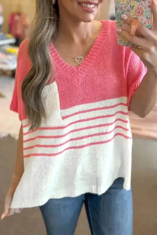 Knitted Short Sleeve Top - Strawberry Pink Stripes V Neck - Fashionfitz