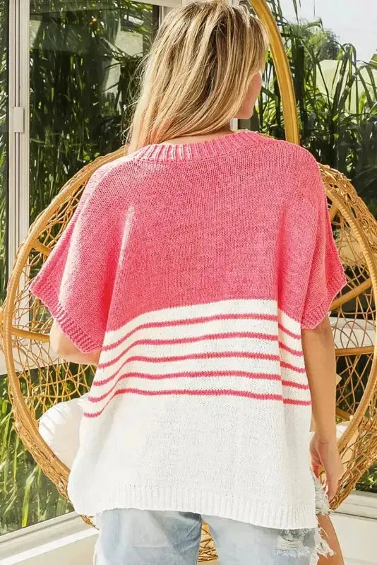 Knitted Short Sleeve Top - Strawberry Pink Stripes V Neck - Fashionfitz