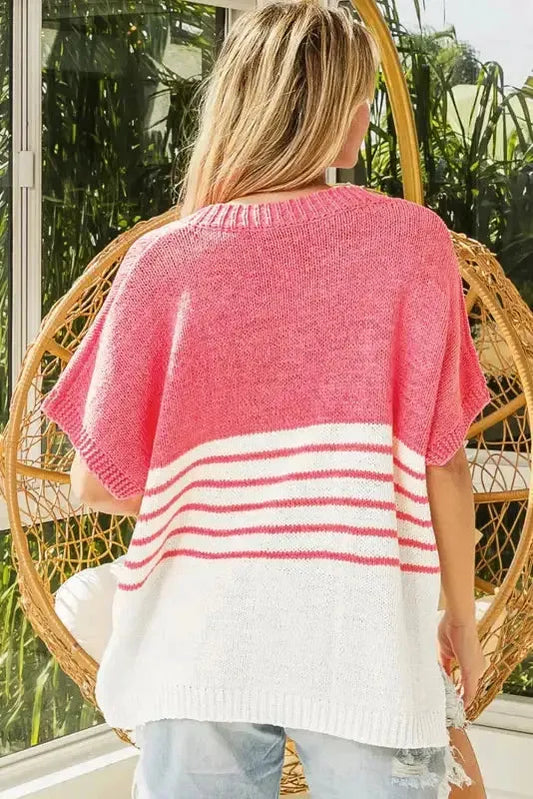 Knitted Short Sleeve Top - Strawberry Pink Stripes V Neck - Fashionfitz
