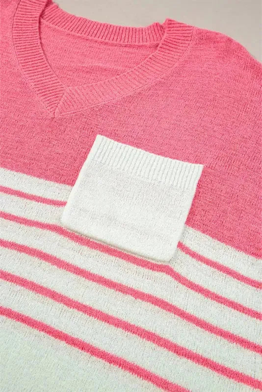 Knitted Short Sleeve Top - Strawberry Pink Stripes V Neck - Fashionfitz
