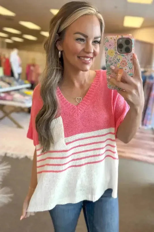Knitted Short Sleeve Top - Strawberry Pink Stripes V Neck - Fashionfitz