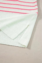 Knitted Short Sleeve Top - Strawberry Pink Stripes V Neck - Fashionfitz