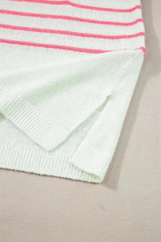 Knitted Short Sleeve Top - Strawberry Pink Stripes V Neck - Fashionfitz