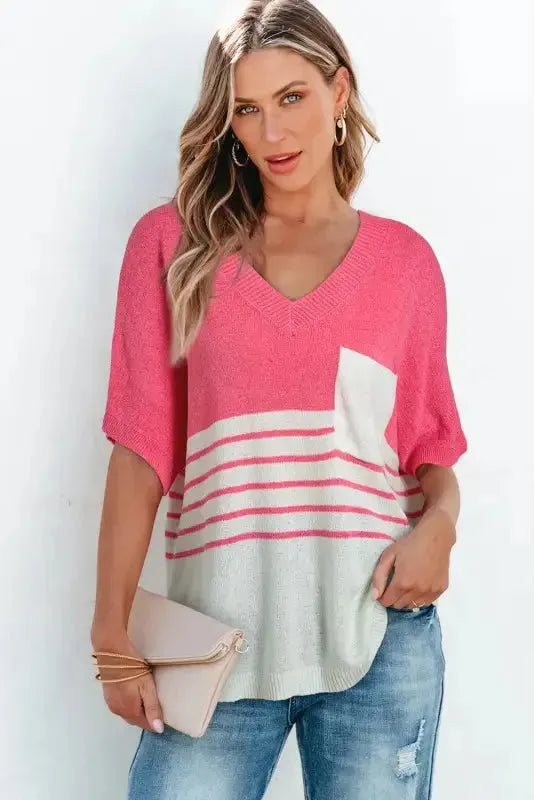 Knitted Short Sleeve Top - Strawberry Pink Stripes V Neck - Fashionfitz