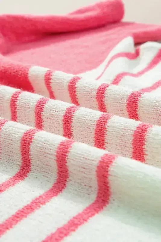 Knitted Short Sleeve Top - Strawberry Pink Stripes V Neck - Fashionfitz