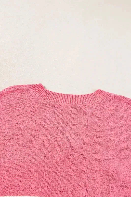 Knitted Short Sleeve Top - Strawberry Pink Stripes V Neck - Fashionfitz