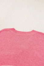 Knitted Short Sleeve Top - Strawberry Pink Stripes V Neck - Fashionfitz