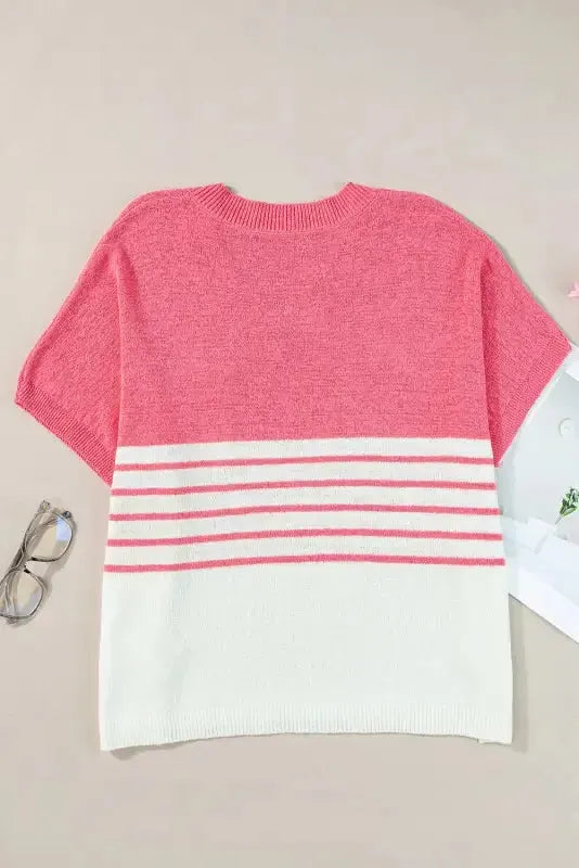 Knitted Short Sleeve Top - Strawberry Pink Stripes V Neck - Fashionfitz