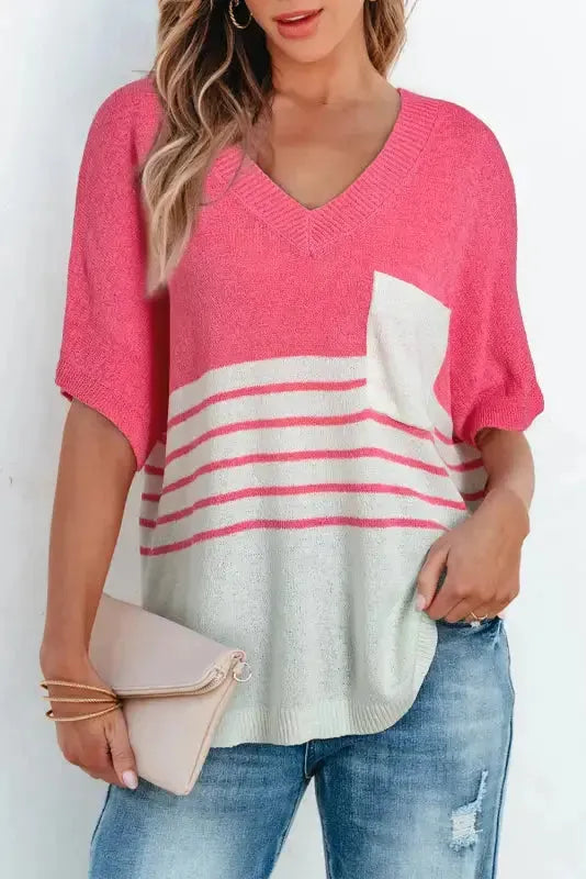 Knitted Short Sleeve Top - Strawberry Pink Stripes V Neck - Fashionfitz