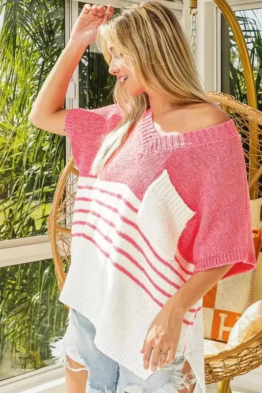 Knitted Short Sleeve Top - Strawberry Pink Stripes V Neck - Fashionfitz