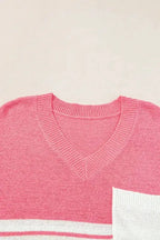 Knitted Short Sleeve Top - Strawberry Pink Stripes V Neck - Fashionfitz