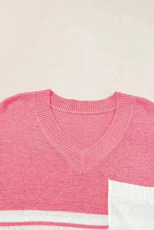 Knitted Short Sleeve Top - Strawberry Pink Stripes V Neck - Fashionfitz