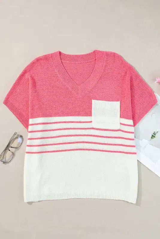 Knitted Short Sleeve Top - Strawberry Pink Stripes V Neck - Fashionfitz