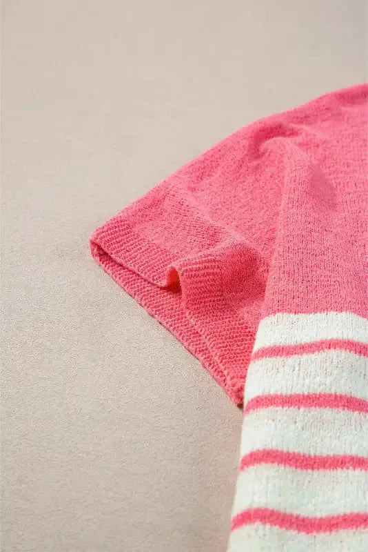 Knitted Short Sleeve Top - Strawberry Pink Stripes V Neck - Fashionfitz