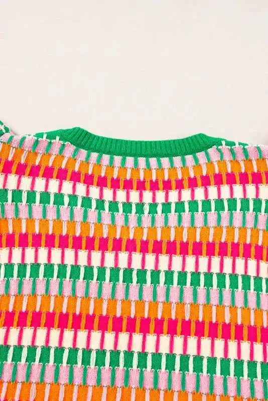 Knitted Sweater Top - Green Multi Flutter Sleeve - Fashionfitz