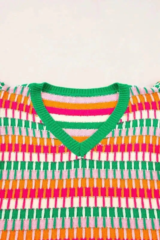 Knitted Sweater Top - Green Multi Flutter Sleeve - Fashionfitz