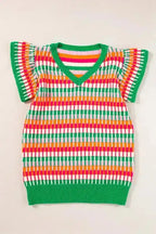 Knitted Sweater Top - Green Multi Flutter Sleeve - Fashionfitz