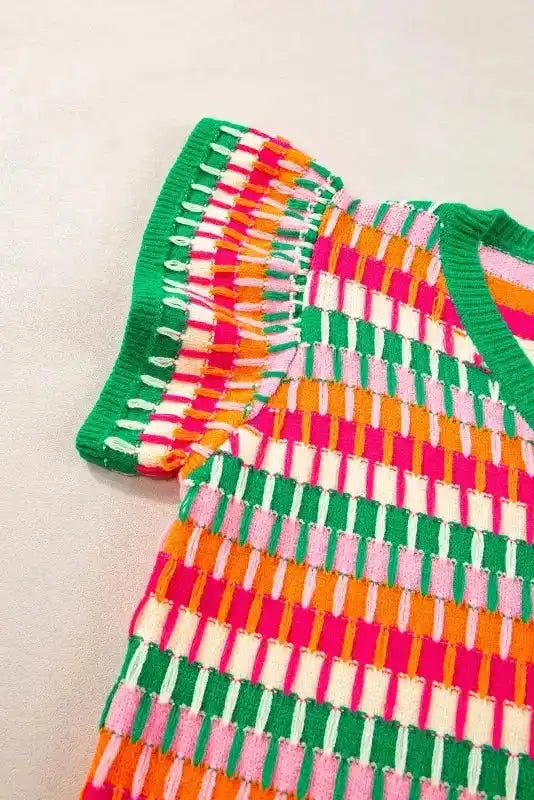 Knitted Sweater Top - Green Multi Flutter Sleeve - Fashionfitz