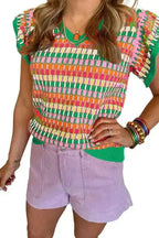 Knitted Sweater Top - Green Multi Flutter Sleeve - Fashionfitz