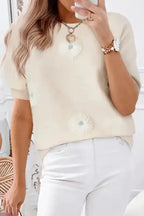 Knitted Top - Beige Flower Pattern Short Sleeve - Fashionfitz