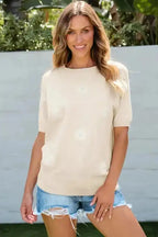 Knitted Top - Beige Flower Pattern Short Sleeve - Fashionfitz