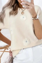 Knitted Top - Beige Flower Pattern Short Sleeve - Fashionfitz