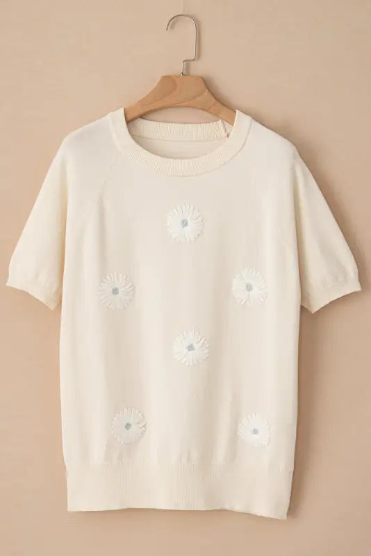 Knitted top - beige flower pattern short sleeve - tops/short sweaters