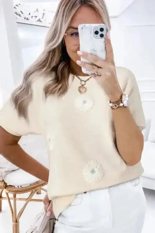 Knitted Top - Beige Flower Pattern Short Sleeve - Fashionfitz
