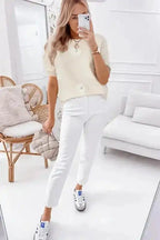 Knitted Top - Beige Flower Pattern Short Sleeve - Fashionfitz