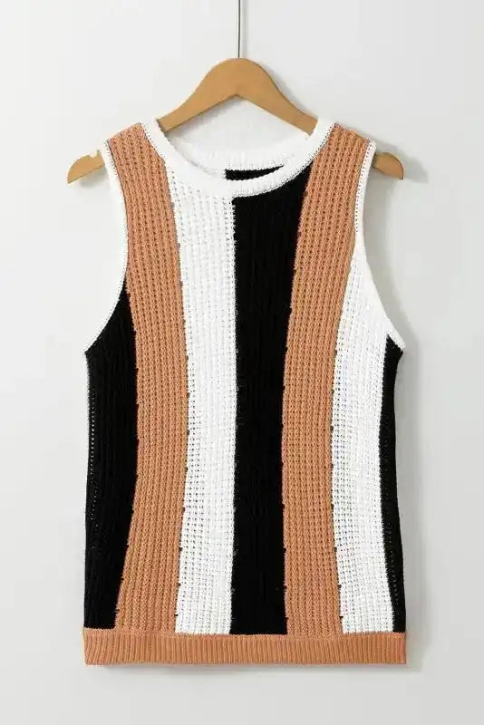 Knitted Vest - Khaki Stripe Color Block - Fashionfitz