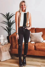 Knitted Vest - Khaki Stripe Color Block - Fashionfitz