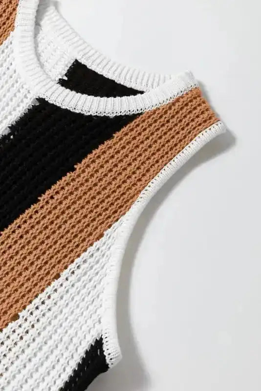 Knitted Vest - Khaki Stripe Color Block - Fashionfitz