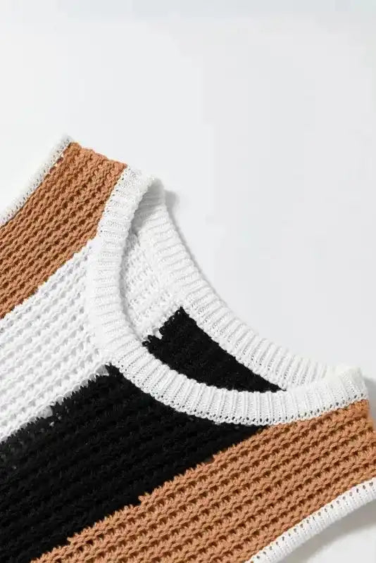 Knitted Vest - Khaki Stripe Color Block - Fashionfitz