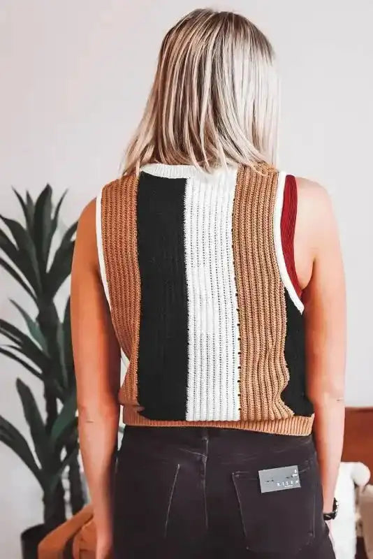 Khaki stripe colourblock knitted vest back view — Fashionfitz UK