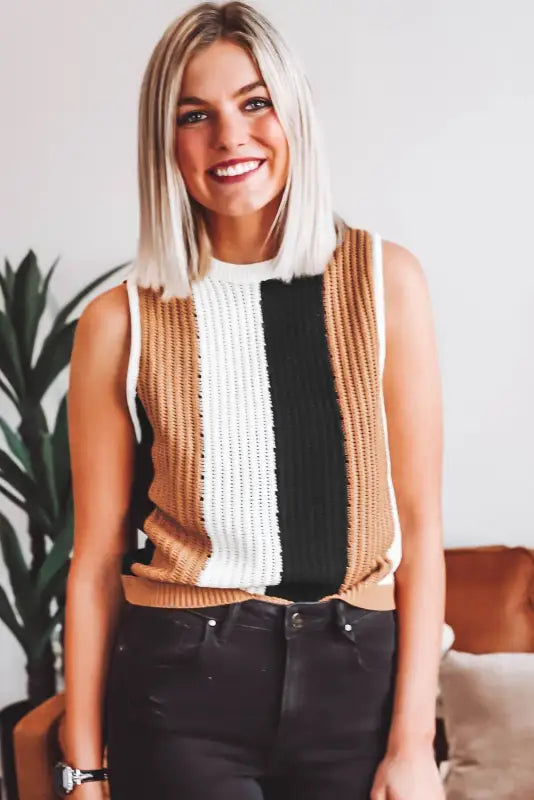 Knitted vest | khaki stripe color block | fashionfitz