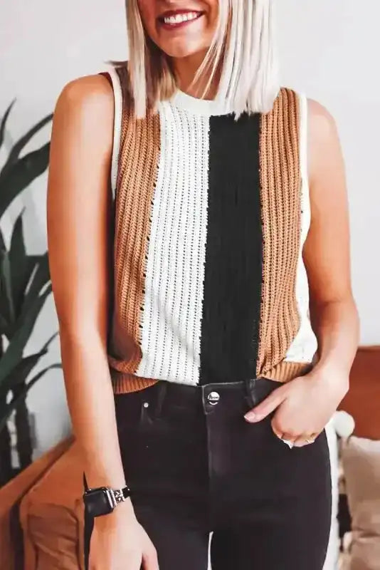 Khaki stripe colourblock knitted vest top front view — Fashionfitz UK