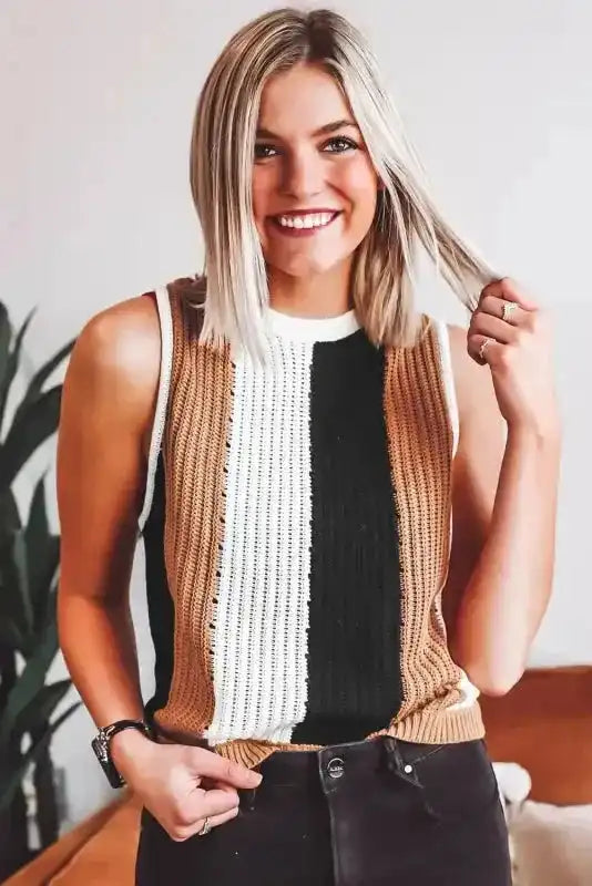 Knitted Vest - Khaki Stripe Color Block - Fashionfitz