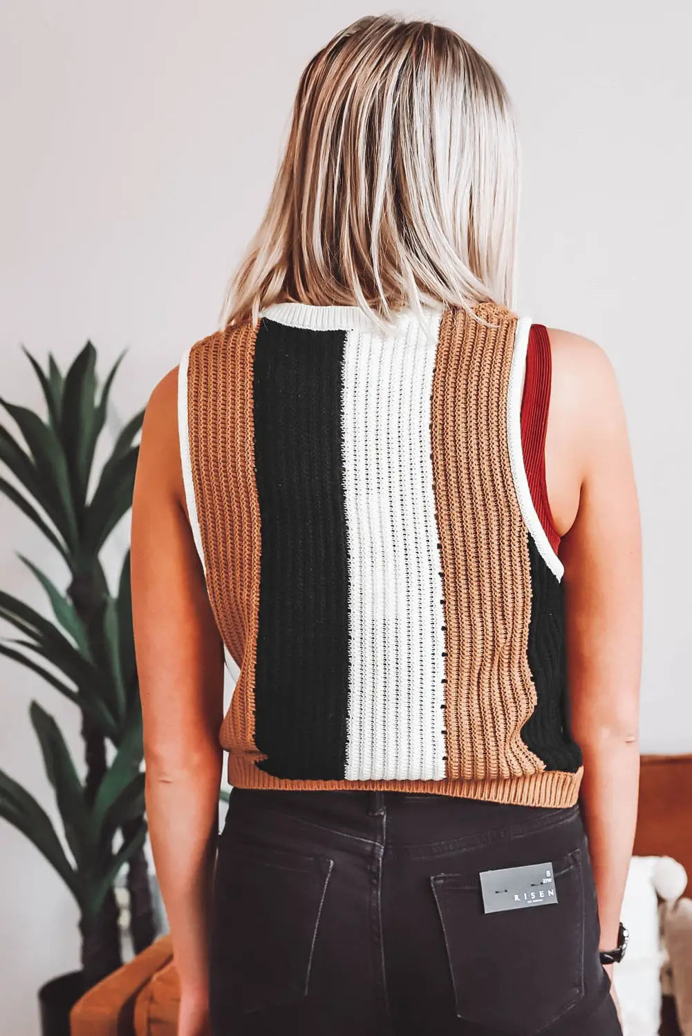 Knitted vest - khaki stripe color block sleeveless sweater - vests