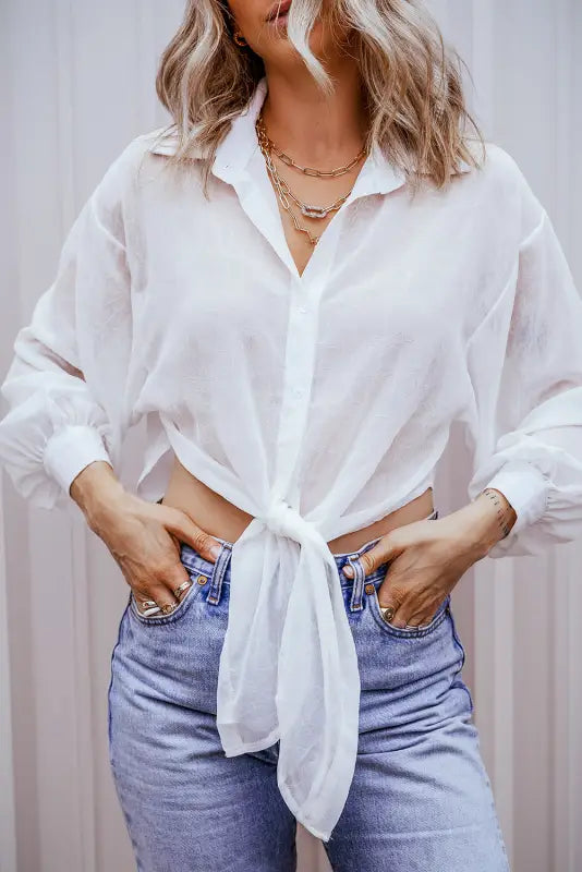 Knotted front loose fit sheer shirt