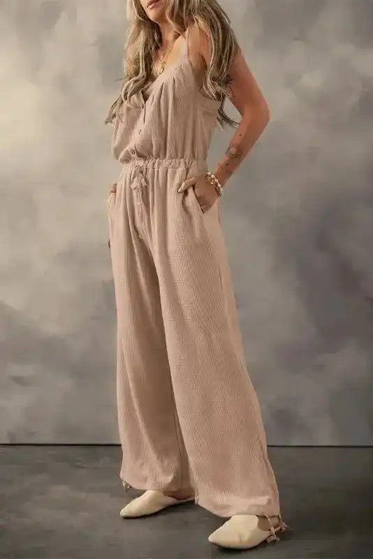 Knotted Straps Textured Drawstring Jumpsuit - Fashionfitz