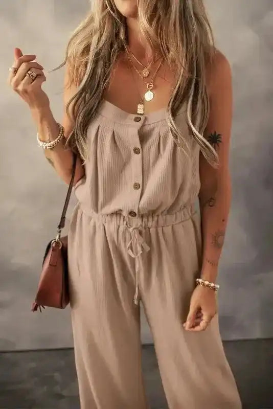 Knotted Straps Textured Drawstring Jumpsuit - Fashionfitz