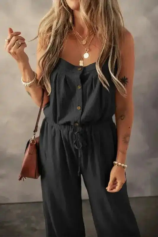 Knotted Straps Textured Drawstring Jumpsuit - Fashionfitz