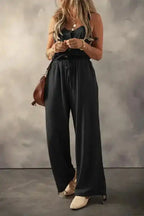 Knotted Straps Textured Drawstring Jumpsuit - Fashionfitz