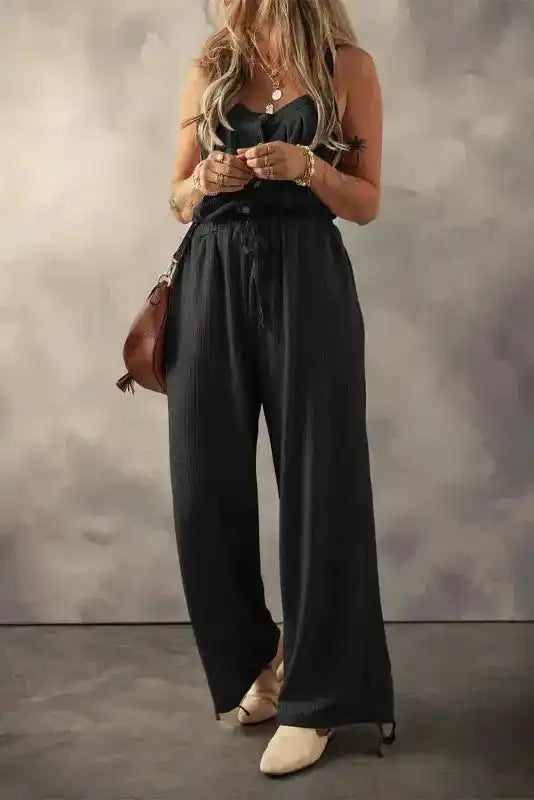 Knotted straps textured drawstring jumpsuit front view — Fashionfitz UK